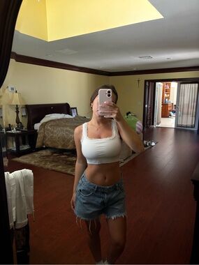 White Ribbed Lace-Trim Crop Tank Top